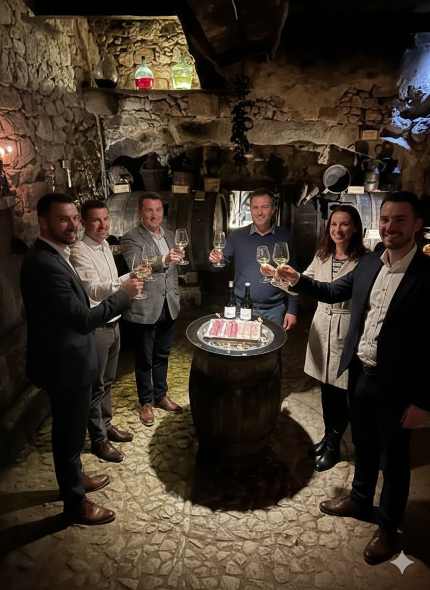 Grupo brindando en bodega medieval